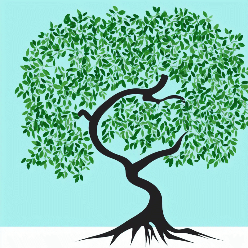 A symbolic representation of a flourishing tree with strong roots, a trunk, and lush green foliage.